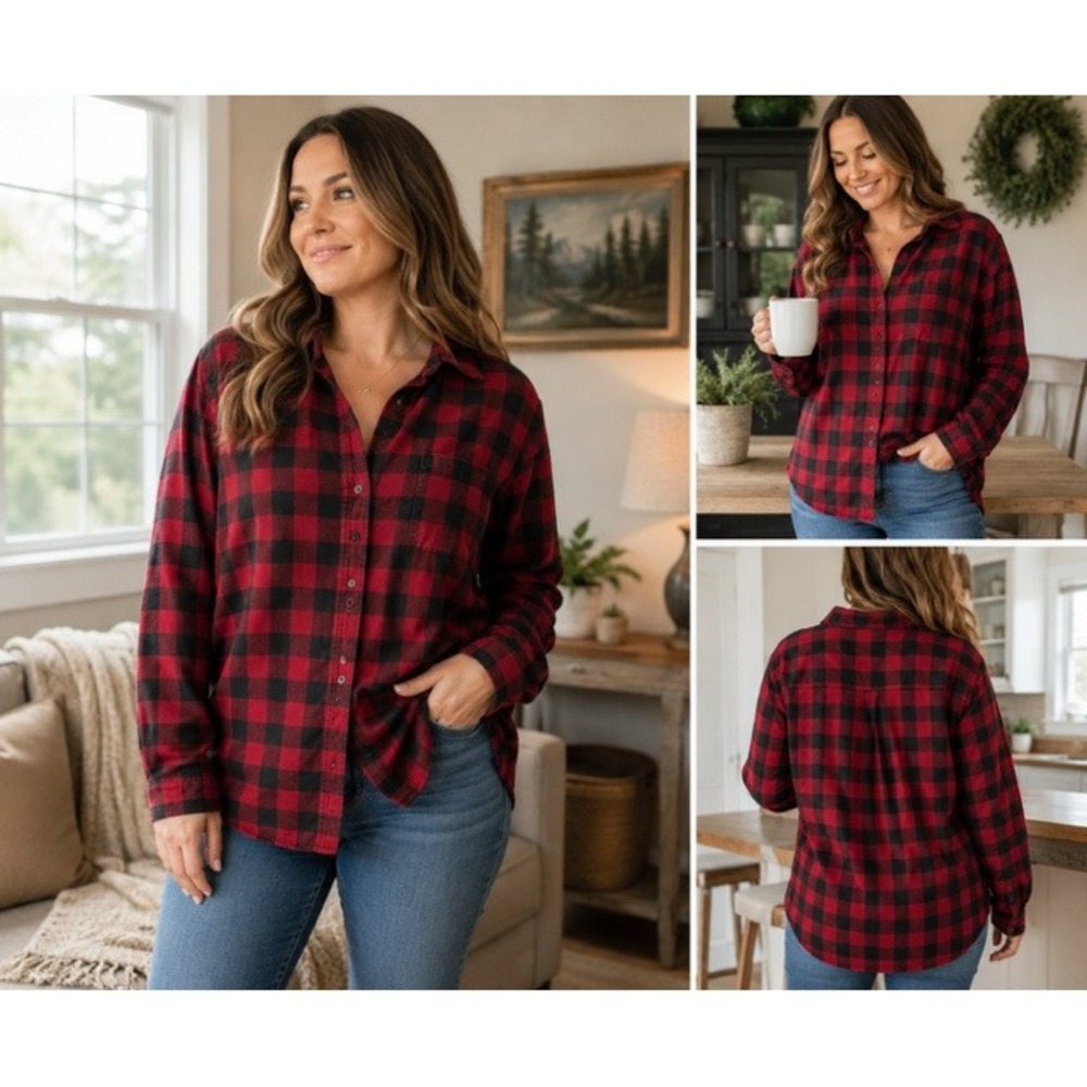 LL Bean Womens Red Black Buffalo Plaid Flannel Shirt Relaxed Fit XL 273137